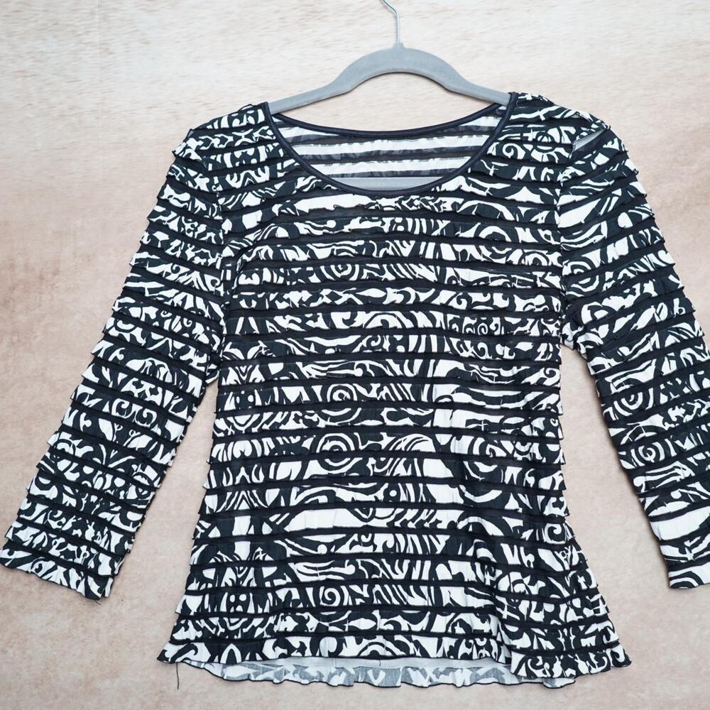 Black White Abstract Crinkle Ruched Top 90s Y2K